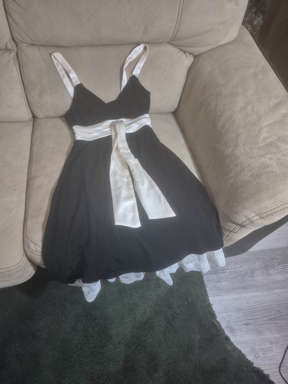 Jodi Kristopher Black Mini Dress with White Satin Straps & Waist Sash